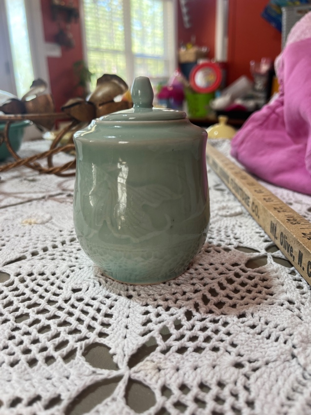 Vintage Celadon Goldfish China Sugar Bowl & Lid Dish, Made in China 2 AVL